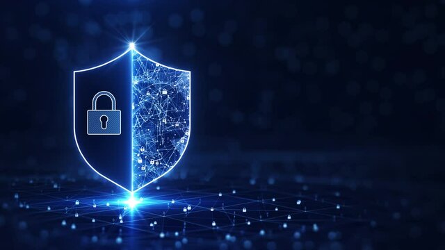 Data protection is a concept in cybersecurity and privacy technologies. There is a shield on the left side. Slow-moving polygons have small binary padlocks that act as connections. dark background.