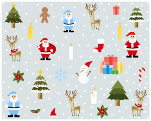 Attractive and colorful wallpaper of vector Christmas decoration set. There are cute Christmas trees, Santa, reindeer, deer, red scarf, snowman, candles and Christmas flower.