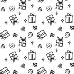 Vector gifts and crystals. Black and white linear pattern in hand drawn sketch style