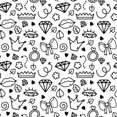 Vector linear pattern with hearts, crowns, lips, rings, crystals, eyes, leaves, flowers, bows for wedding, Valentine's day