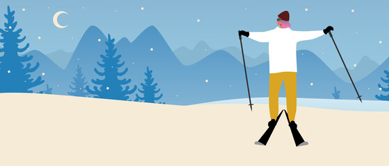 Happy skier skiing, ski resort, flat vector stock illustration with skiing as leisure and ski resort with snow