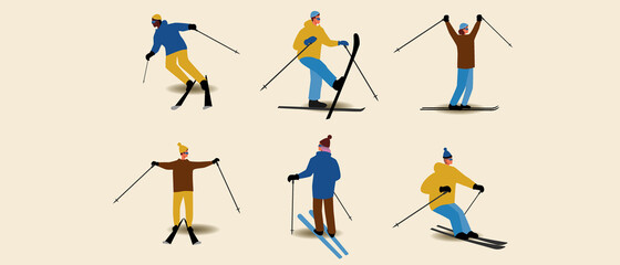Fototapeta na wymiar Set of isolated skiers, flat vector stock illustration with multicultural skiers in winter and skiing and downhill