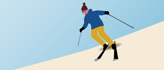 Skier skiing downhill, copy space template, Flat vector stock illustration with skiing in winter, Woman going downhill skiing or winter hobby of a skier