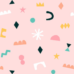 Modern collage with cut out elements. Abstract background with hand drawn shapes. Colorful geometric seamless pattern.
