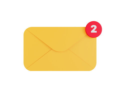 Mail envelope isolated on white background with clipping path, incoming mail inbox notification with red notification two number, 3D rendering illustration