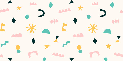 Modern collage with cut out elements. Abstract background with hand drawn shapes. Colorful geometric seamless pattern.