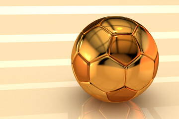 3d illustration with a soccer ball made of gold on a beige yellow background