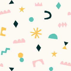 Modern collage with cut out elements. Abstract background with hand drawn shapes. Colorful geometric seamless pattern.