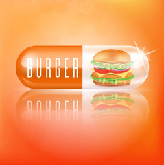 Burger Cheese in capsule. Junk food Diet nutrition and greasy cholesterol. Choose foods that are beneficial to the body. Medical food concept. On orange background Realistic 3D Vector illustration.