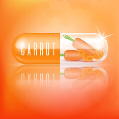 Carrot in capsule vitamin orange with carrot slices. Medical concepts and health supplements. Realistic 3D Vector illustration.