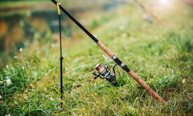 Fishing rod on the rod holder. Sport and recreation concept