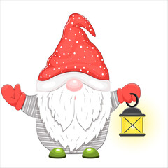 Cute cartoon Christmas gnome with vintage lantern