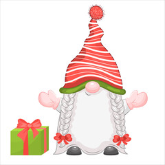 Cute cartoon Christmas gnome with box of gift