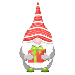 Cute cartoon Christmas gnome with box of gift
