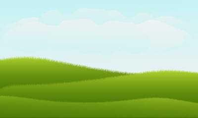 Fototapeta na wymiar green grass hill scenery illustration with clouds and clear sky. cartoon scenery background