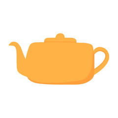 Cartoon yellow teapot. Kitchen utensil. Doodle flat style. Isolated vector illustration 