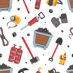 Coal Mining Industry with Shovel and Drill Tool Vector Seamless Pattern