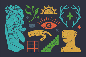 Mystical antique woman holding shoulder with boho flower.