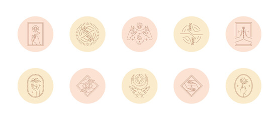 Set of icons and emblems for social media stories highlight covers in linear style vector illustration.