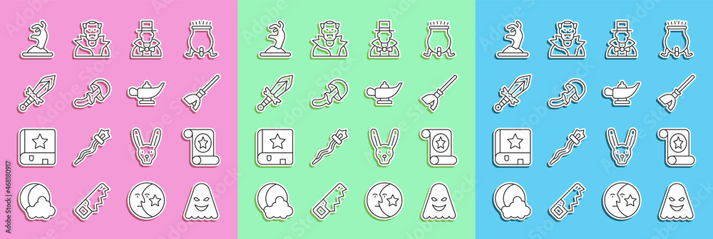 Wall mural Set line Ghost, Magic scroll, Witches broom, Magician, Psilocybin mushroom, Medieval sword, Zombie hand and lamp Aladdin icon. Vector