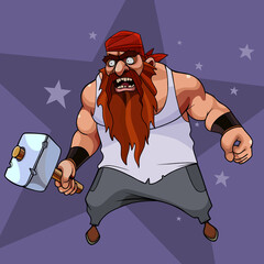 cartoon angry bearded male pirate with sledgehammer in hand