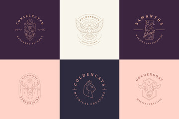 Magic animals logos emblems design templates set vector illustrations minimal linear style.