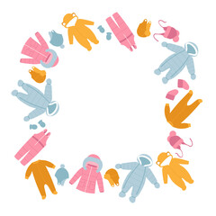 Square frame of baby winter clothes. Winter coat, overalls, snow suit, jumpsuit, hats and mittens. Doodle style. Isolated vector illustration. 