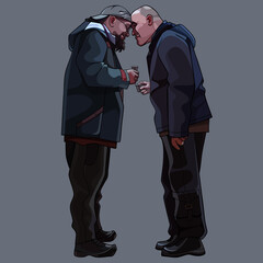 two cartoon men in warm outerwear with glasses in their hands are facing each other