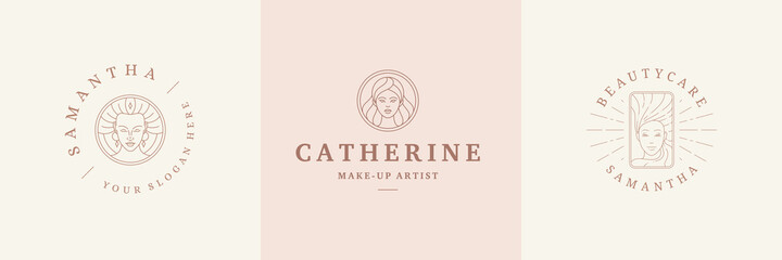 Feminine logos emblems design templates set with female portraits vector illustrations minimal linear style
