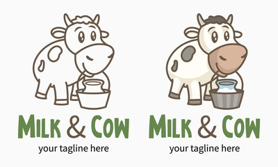 Obraz premium Funny Cute cow holds a milk. Healing natural dairy sign. Design for print, emblem, t-shirt, party decoration, sticker, logotype.
