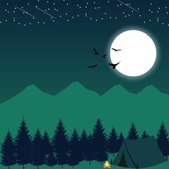 night landscape graphic art with camp fire