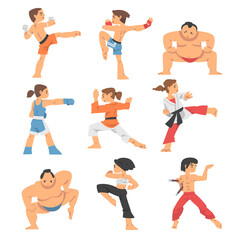 People Character Engaged in Combat Sport or Fighting Sport Competing Vector Illustration Set