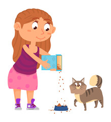 Girl feeding cat. Kid pouring food in pet bowl