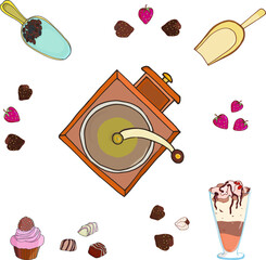 Set  vector hand-drawing with coffee grinder, sweets, strawberries, magdolena cupcake ,  Dessert with cream, cocoa and chocolate in a tall glass