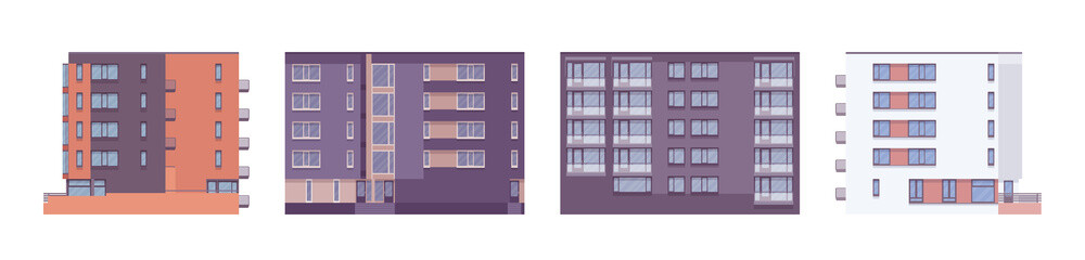 Fototapeta na wymiar Multistorey apartment properties set, contemporary residency housing project. Construction, modern accommodation industry and urban architecture. Vector flat style cartoon illustration, modular units