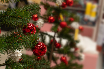 Christmas tree with small red balls, horizontal photography