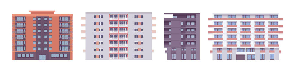 Fototapeta na wymiar Multi story apartment set, functional and ergonomic modern design. Residential living apartment, conveniently designed commercial city building. Vector flat style cartoon illustration, modular units