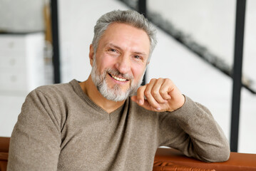 Portrait of handsome mature bearded man with gray hair. A senior handsome man with pleasant smile looks at camera, sitting on the sofa in relaxed pose