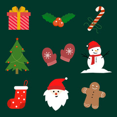 Set of Vector Christmas Icons. Gift, Pine, Santa, Candy, Candle, Snow Man, Gingerbread Man, Mistletoe Wreath and such Things. Welcome to winter and Christmas season.