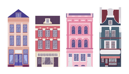 Town houses set, slim, high narrow homes with neck gables in classic Dutch architecture, merchant house and living accommodations, oldest historic buildings. Vector flat style cartoon illustration