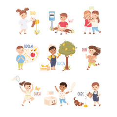 Little Kids Sending Letter, Growing Lemon Tree and Waiting for Bus Vector Set