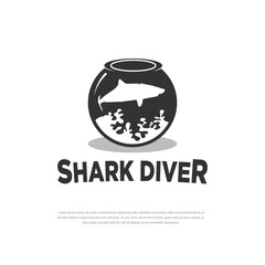 Shark Diving Logo Training in Aquarium Round Vector Illustration