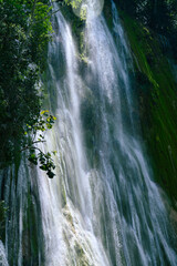 Fototapeta premium mountain nature water fall in paradise island river slide. The photo of the waterfall was taken in the Dominican Republic in the rainforest. The picture of the jungle with water impresses with its pri