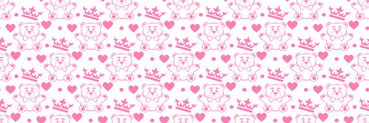 Background pattern with toys: teddy bear, hearts, royal crowns on a white background for your design. Seamless background for wallpaper, textures. Vector illustration.