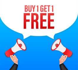 Megaphone banner, business concept with text Buy 1 Get 1 Free. Sale tag. Vector stock illustration