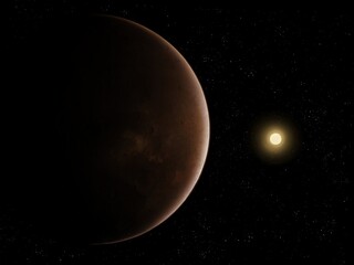 Dark planet with sun on black background. Exoplanet in stellar space 3d illustration.