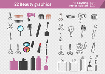 Fototapeta na wymiar Set of beauty and cosmetic items and tools multiple isolated vector graphic icon or illustrations in different graphic styles outline and fill.
