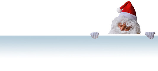 adult santa claus with white beard holds a white poster, blank for a designer for a postcard, announcement, concept of christmas, waiting for gifts, sales and discounts, festive mood