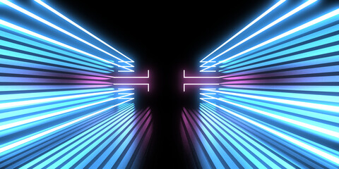 3D abstract background with neon lights. neon tunnel  .space construction . .3d illustration