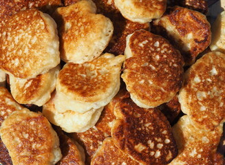 Pancake background. Stack of buttered pancakes. Top view. Delicious meal